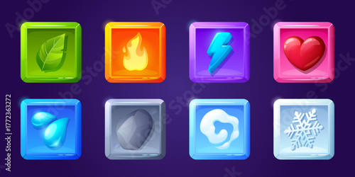Game ui app icons, square buttons, cartoon menu