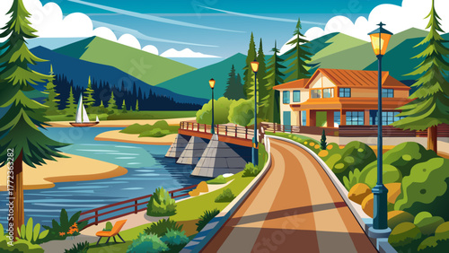 Very beautiful riverfront walking and bike path along Sand Creek leading to Lake Pend Oreille in downtown Sandpoint, Idaho, surrounded by calm water, green trees, and a peaceful small-town atmosphere.