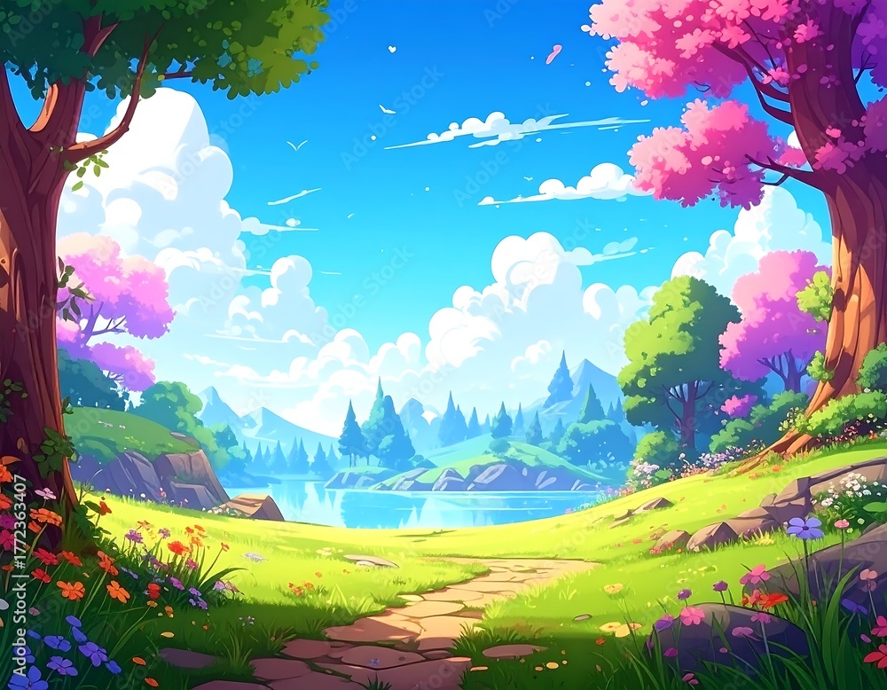 Fototapeta premium A vibrant scenic illustration features a path leading to a lake surrounded by mountains and colorful flora