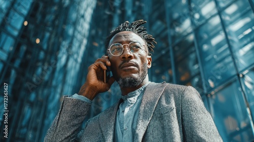 A professional man in an urban lifestyle having a business conversation on a smartphone against a glass skyscraper