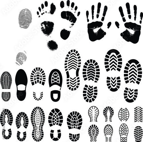 Biometric footprint chart vector, fingerprint, handprint, shoe sole and tread icons, black silhouette grid for forensic, tracking, identity, security