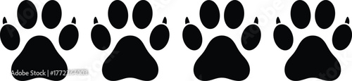 Black animal paw prints vector illustration, pet footprint silhouette design, isolated track pattern for wildlife, veterinary, dog, cat themed content
