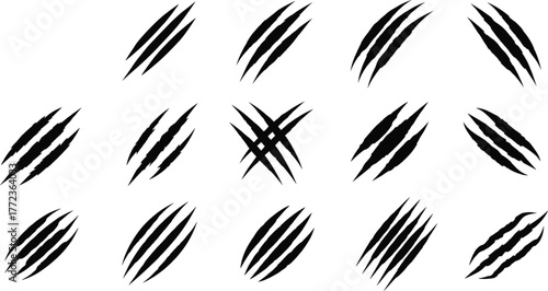 Claw mark vector collection, black scratch silhouette set for wild animal, horror, tattoo, logo, aggressive design, Halloween, graphic art