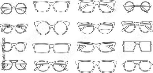 Eyeglass frame collection vector, black outline glasses set, fashion accessory design, optical styles grid, modern eyewear shapes for retail, branding