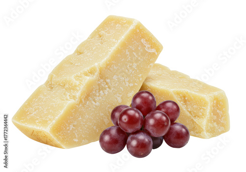 Fotografi Isolated Parmesan cheese chunk with grapes, savory gourmet food combination, sna