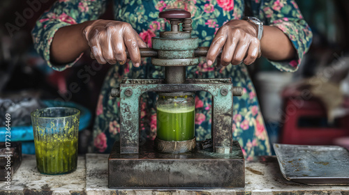 Close-up of Cambodian vendor preparing sugarcane juice with machine at a busy local market, showing craftsmanship and daily work concept