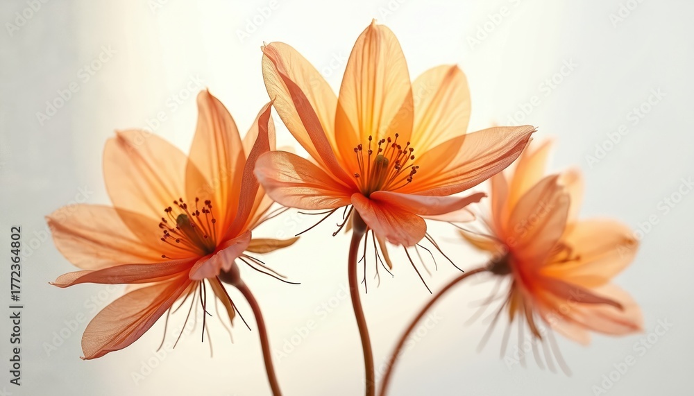 Obraz premium Three orange translucent flower blossoms on bright background. Floral arrangement with delicate petals. Calm botanical composition with soft light in gentle tone. Studio shot of abstract spring