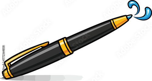 Black and Gold Fountain Pen With Blue Ink Splashes on White Background