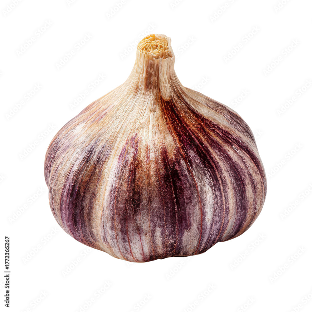 Fototapeta premium A vibrant garlic bulb showcasing its rich, earthy colors in a well-lit setting, perfect for cooking or decoration