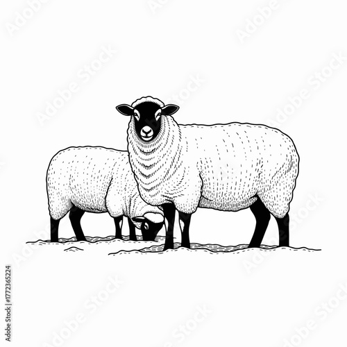 Two sheep in a vintage woodcut style. Black and white line art of farm livestock. Hand-drawn graphic of a ewe and lamb isolated on a white background