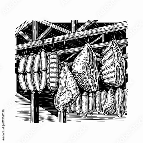 Vintage illustration of smoked meats and sausages. Hand-drawn woodcut style charcuterie graphic. Black and white line art for a butcher shop or deli menu