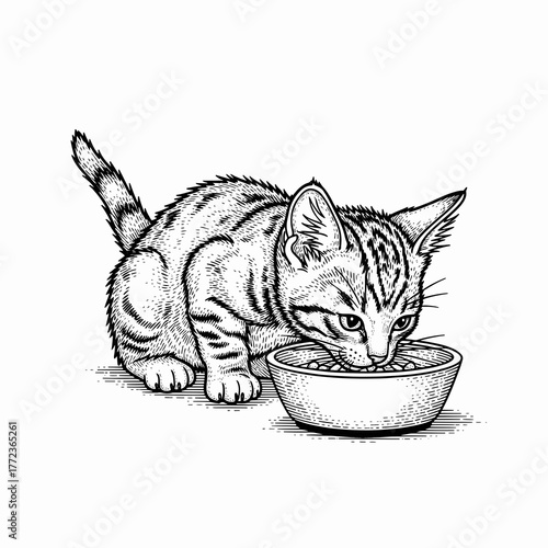 A tabby kitten eating from a bowl in a hand-drawn style. Vintage black and white engraving line art. Isolated pet care graphic