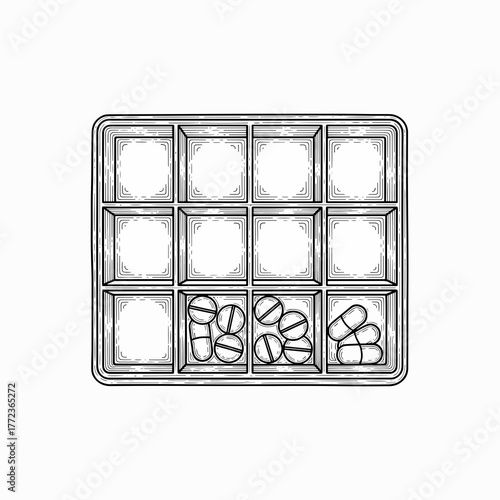 A hand-drawn sketch of a pill organizer box with medication. Line art icon of a daily medicine container for tablets and capsules. Healthcare graphic design element