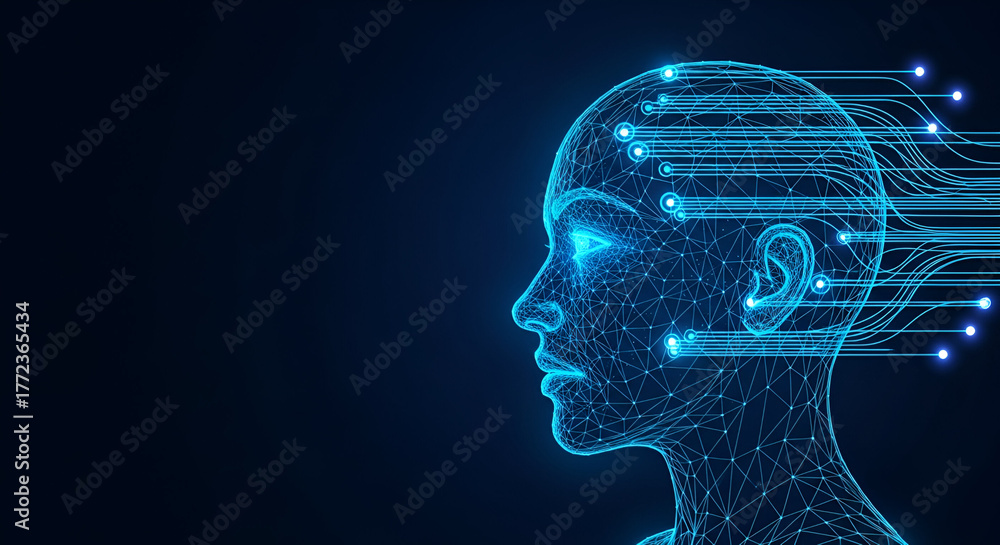 Obraz premium Wireframe Human Head with Digital Data Streams artificial intelligence
