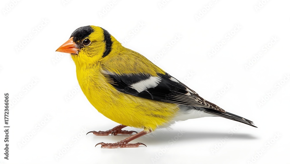 Obraz premium Bright yellow bird with black markings and orange beak on white background