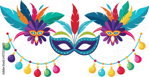 Carnival border with feathers, beads, and colorful masks, bright realistic styles.