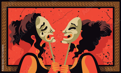 greek muses of theater with drama mask and comedy mask