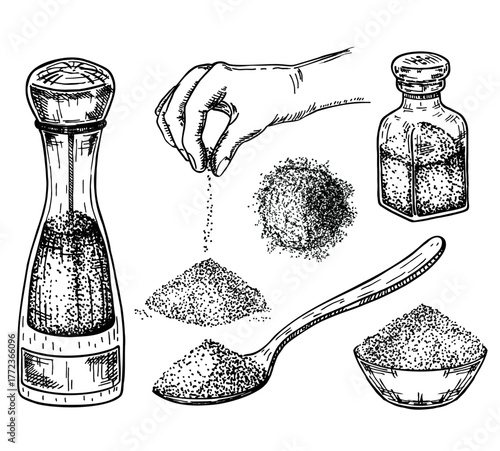 Salt collection set. Hand with salt, hands gesture salting food. Salt shaker. Spice containers sketch. Spoon with salt. Set of hand drawn illustrations. Cooking