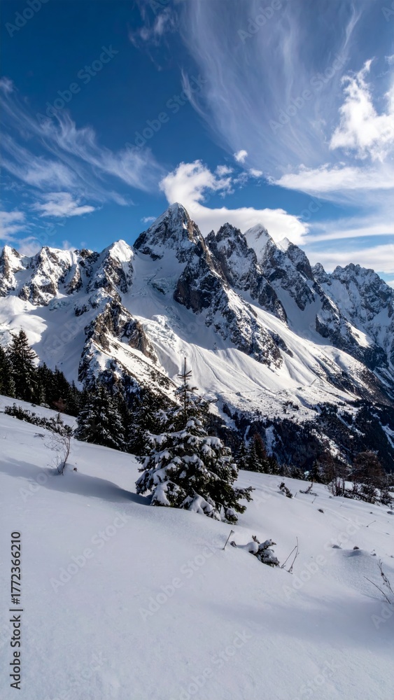 Fototapeta premium Alpine ski landscape panorama: high, white, snow-covered mountain peaks under a winter sky