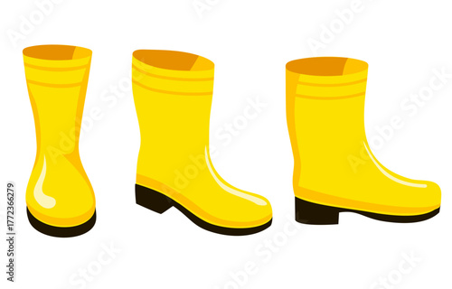 Rubber boots or rainy boots set. Autumn element. Outdoor accessories in rainy days. Flat