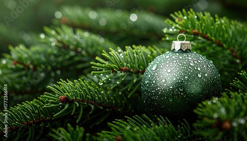 Close up of a green Christmas ornament with raindrops on pine branches symbolizing winter celebration, nature detail, and festive decoration design ideas