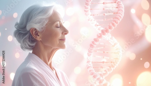 Elderly woman with serene face next to DNA spiral symbolizing life science, longevity study, hope in medical research, biotechnology and health innovation