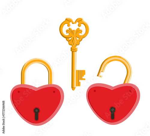 Heart shaped padlock and key. Valentine's day love concept. Wedding concept, valentines day symbol, Romantic Protection, Safety Security sign. flat