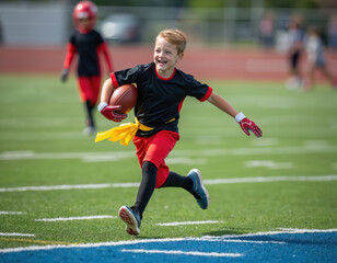 Smiling kid runs with a ball during flag football match. Young boy wearing sport uniform playing. Child athlete enjoys running on football field. Kids compete in healthy activities outdoor.