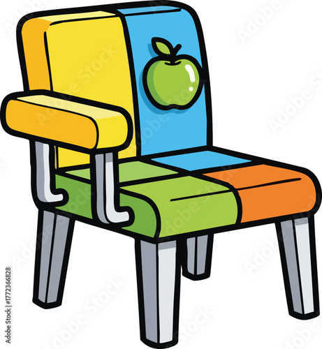 Colorful patchwork childs chair with armrests and a green apple decal on the backrest