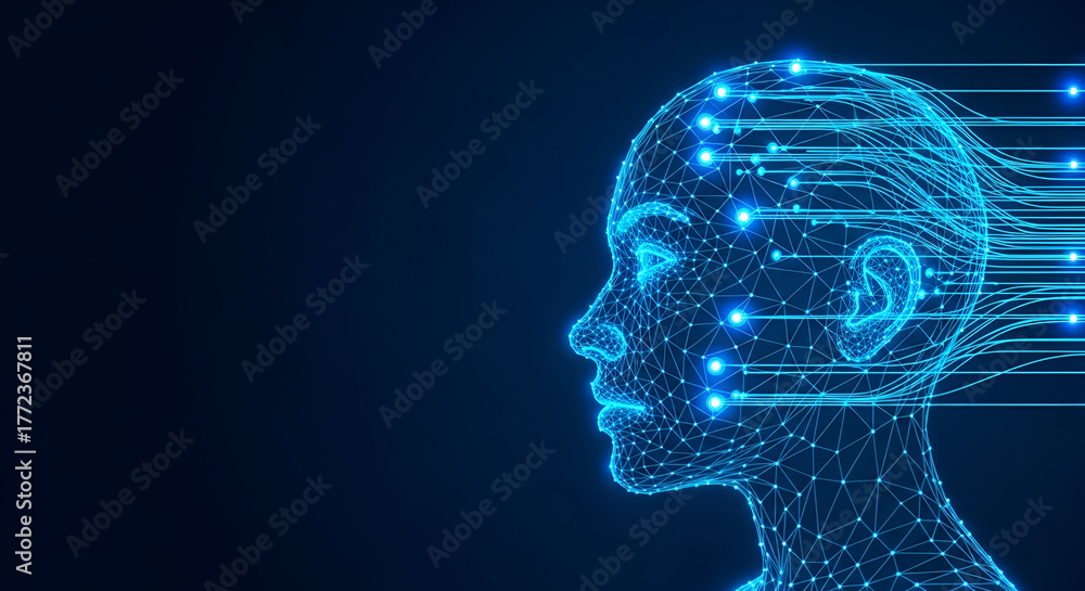 Obraz premium Blue Digital Human Head Profile with Data Streams artificial intelligence