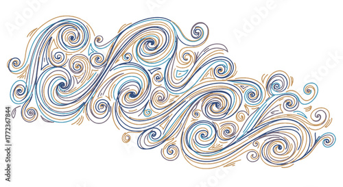 Elegant abstract design with swirling blue and gold lines in a hand-drawn ornamental style