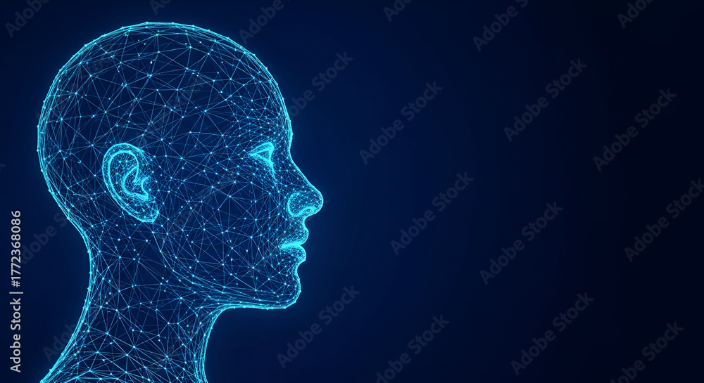 Obraz premium Blue Wireframe Human Head Profile on Dark Background