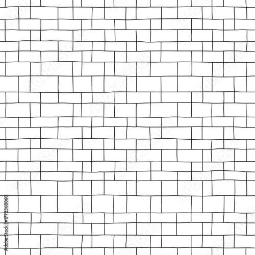Brick wall seamless pattern. Checkered grid vector texture. Hand drawn thin line illustration. Black and white 