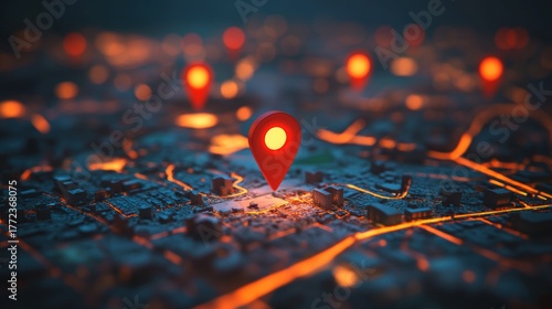 A digital map with glowing location pins highlights urban areas, emphasizing navigation and geographic points of interest in a visually striking manner.
