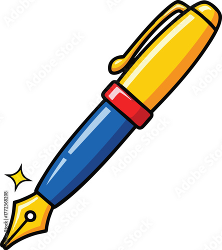 Shiny Yellow And Blue Fountain Pen With Red Accent Isolated On White Background With Sparkle