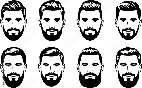 Diverse collection of bearded men illustrations in black and white style