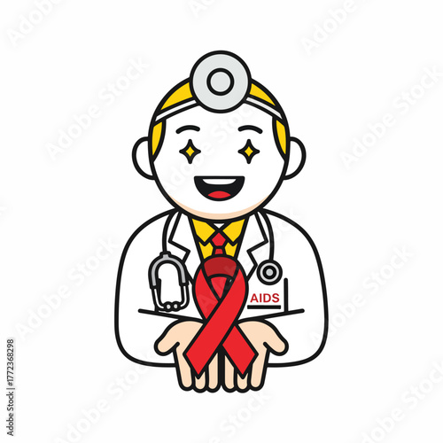 Cartoon doctor with red AIDS awareness ribbon, vector illustration for health campaign or medical website, isolated on transparent background, png