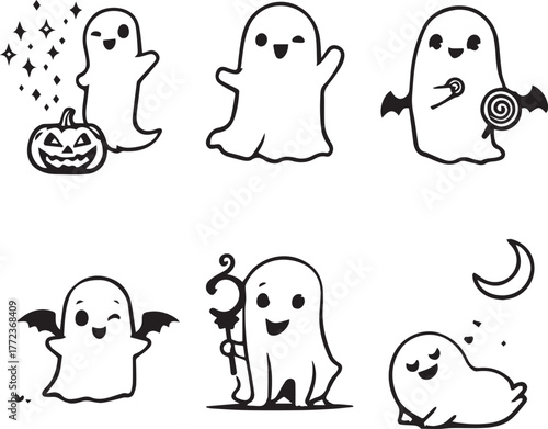 Halloween ghost character set — black and white illustration of cute ghosts with pumpkin, wings, moon, lollipop, and staff