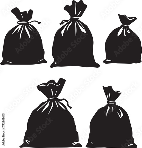 Garbage bag silhouette set — black and white illustration of five tied trash bags in varied shapes for waste and sanitation themes