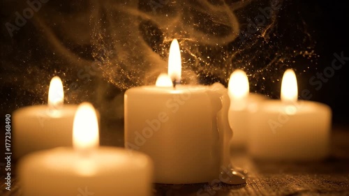 Close-up of burning candles in the dark, with glowing flames, wax, and small particles