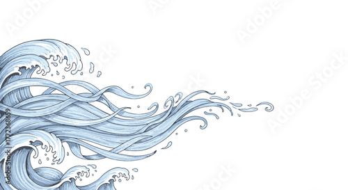 Dynamic hand-drawn illustration of abstract ocean waves and flowing water splashes with elegant curves