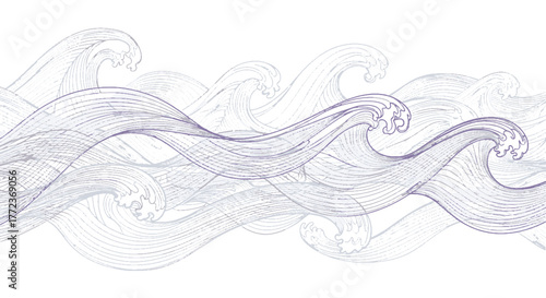 Obraz na płótnie Seamless hand-drawn linear pattern of ocean waves in serene blue hues, evoking a