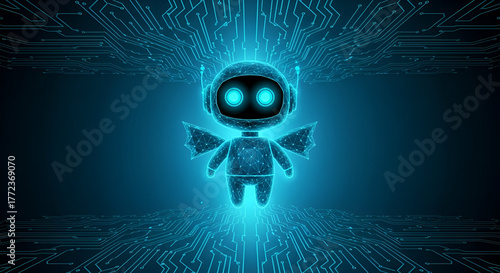 Cute Blue Wireframe Robot with Wings and Circuit Board Background