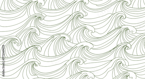 Abstract line art depicting a fluid succession of ocean waves, forming a harmonious and peaceful natural motif for continuous backgrounds