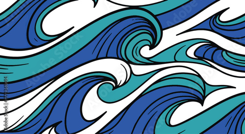 Dynamic fluid motion of stylized ocean waves in a beautiful, flowing artistic pattern, perfect for aquatic designs and serene backgrounds