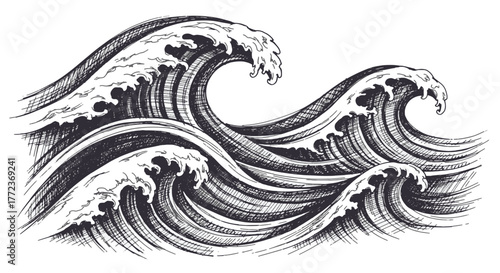 Dynamic ocean waves in a detailed hand-drawn style, capturing the powerful concept of marine movement