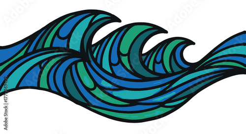 Dynamic abstract ocean waves in a captivating stained-glass mosaic style, depicting a serene yet powerful flow