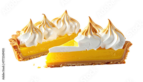 Citrus filling pie pieces topped with toasted meringue peaks