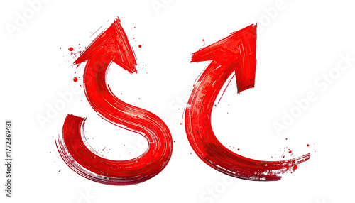 Two red, curving, brush-stroke-like arrows point upwards