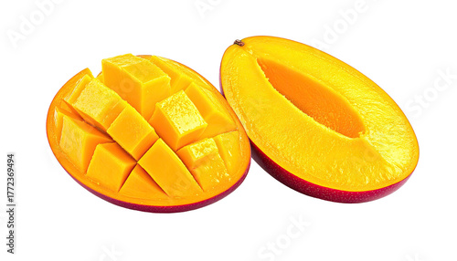 Sliced mango, one diced. Showing bright yellow flesh